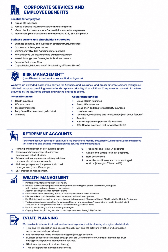 Corporate Services & Employee Benefits
Risk Management
Retirement Accounts
Wealth Management
Estate Planning