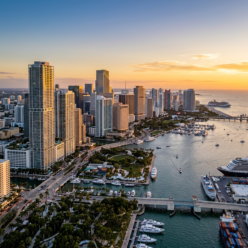 Aerial view of a sunny coastal city skyline with high‑rise buildings, a marina, and harbor at sunset.
